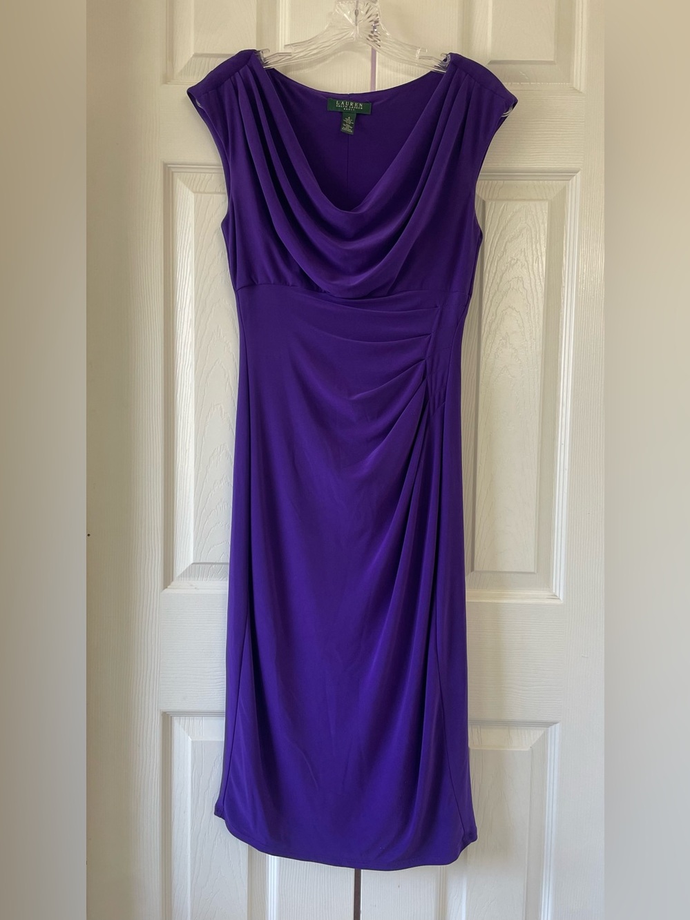 Lauren Ralph Lauren Purple Ruched Cowl Neck Midi Dress Size 4 - Picture 3 of 6